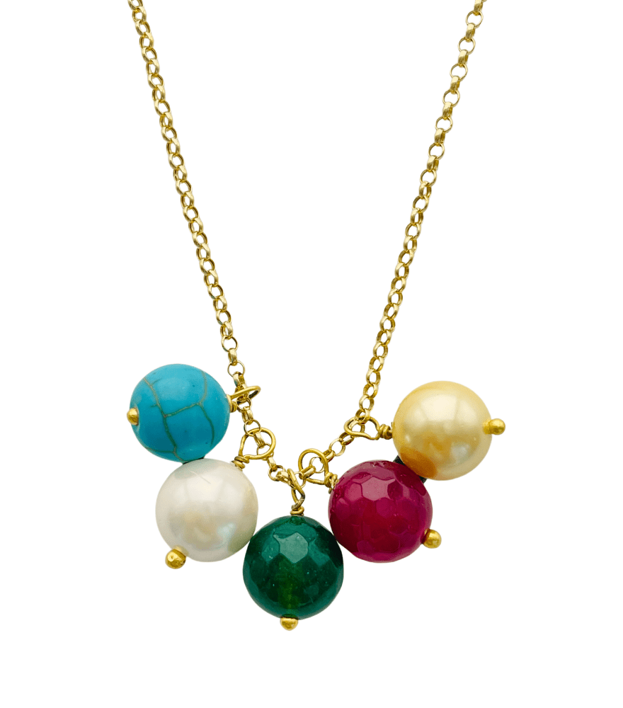 Front View of Gold Multi Drop Pendant Necklace Comfort Fit 18k Yellow with Hallmark Stamp Metal Stone 8.2gms
