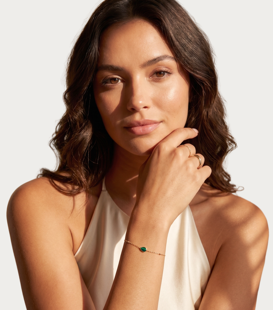 Alternate View of Model Wearing Hala Malachite and Mother of Pearl Bracelet in 18k Gold Adjustable Length Yellow with Hallmark Stamp Metal Stone 7 inches 1gms
