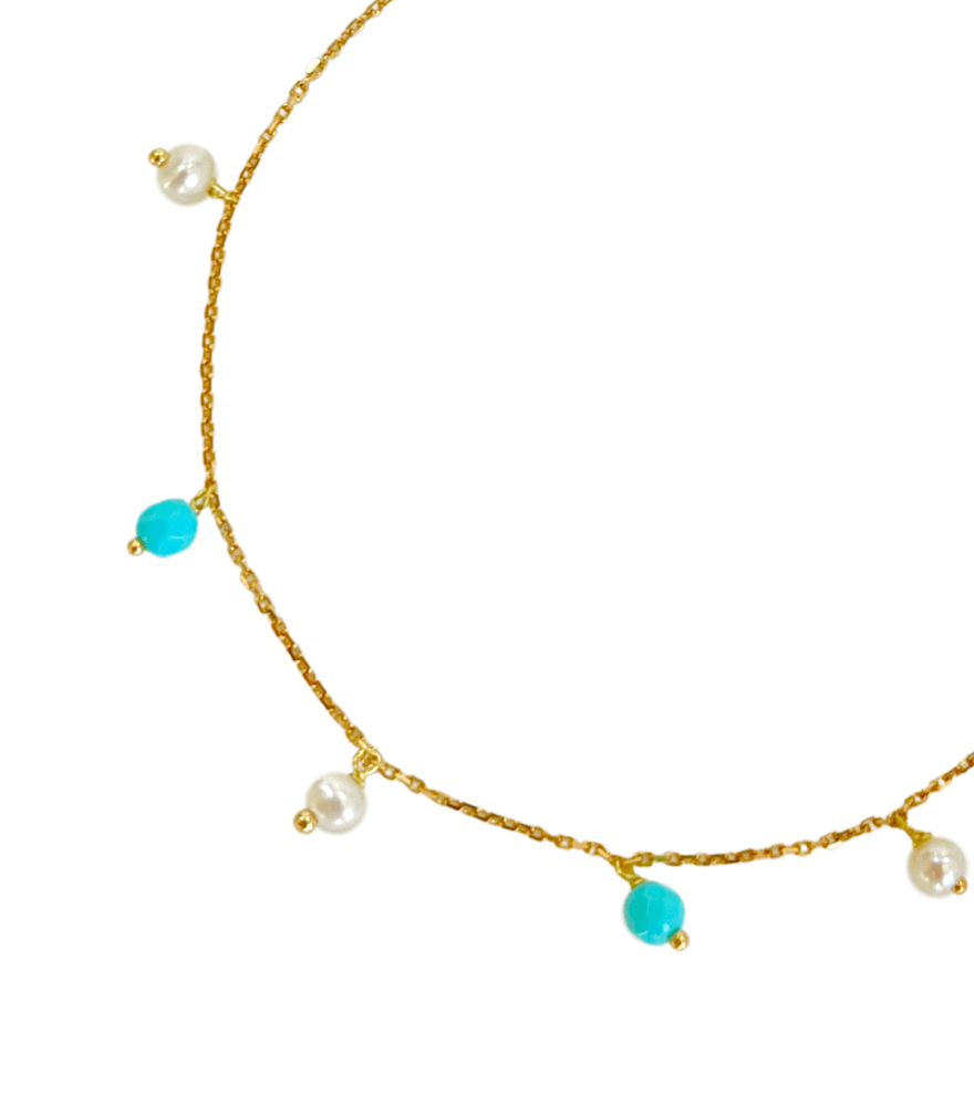 Closeup of Aqua turquoise and pearl Bracelet in 18K Gold Adjustable Length 18k Yellow with Hallmark Stamp Metal 7 inches 1gms