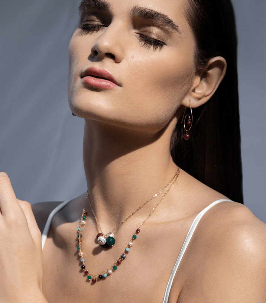 Model Wearing Gold Multi Drop Pendant Necklace Comfort Fit 18k Yellow with Hallmark Stamp Metal Stone 8.2gms