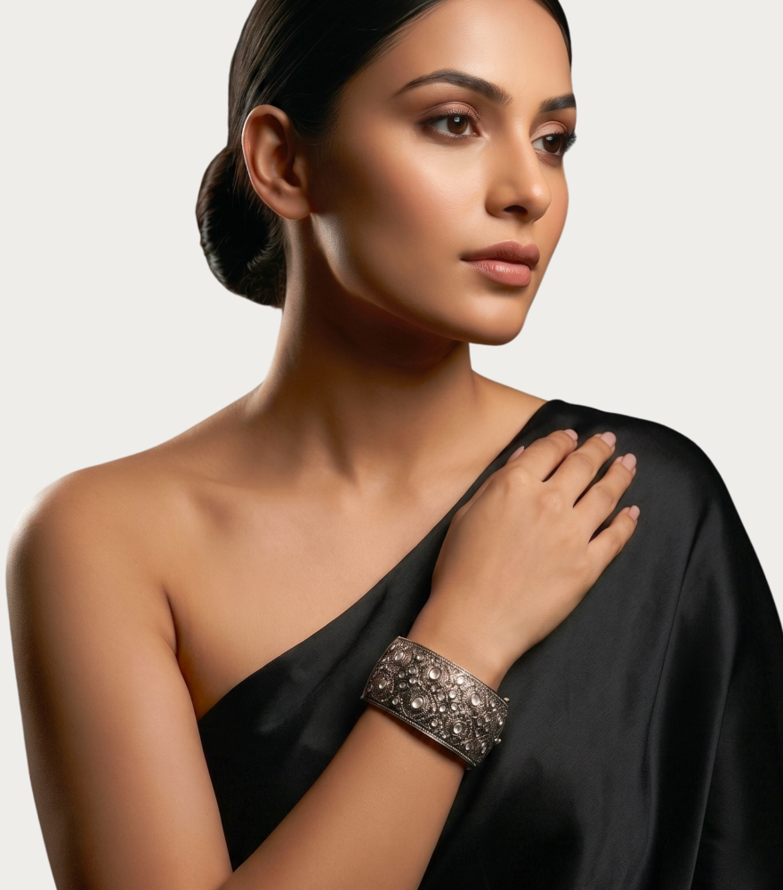 Alternate View of Model Wearing Bina Cuff in Sterling Silver Comfort Fit 18k Gold Plated 925 Metal One Size 104.3gms Yellow