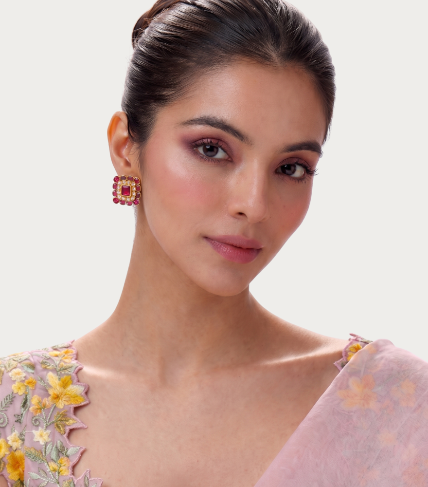 Alternate View of Model Wearing Tanu Uncut Polki Earrings in Gold Jewelry for Pierced Ears 18k Yellow with Hallmark Stamp Metal Stone One Size 6.1gms