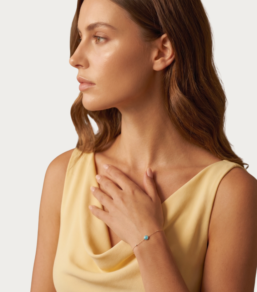 Alternate View of Model Wearing Eve Turquoise Bracelet in 18k Gold Adjustable Length Yellow with Hallmark Stamp Metal 7 inches 0.7gms