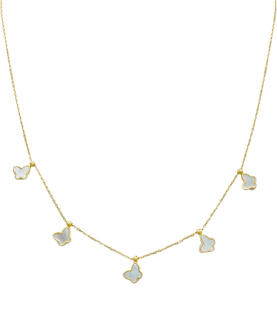 Front View of Eden Pearl Butterfly Necklace in 18K Gold Adjustable Length 18k Yellow with Hallmark Stamp Metal One Size 2.1gms