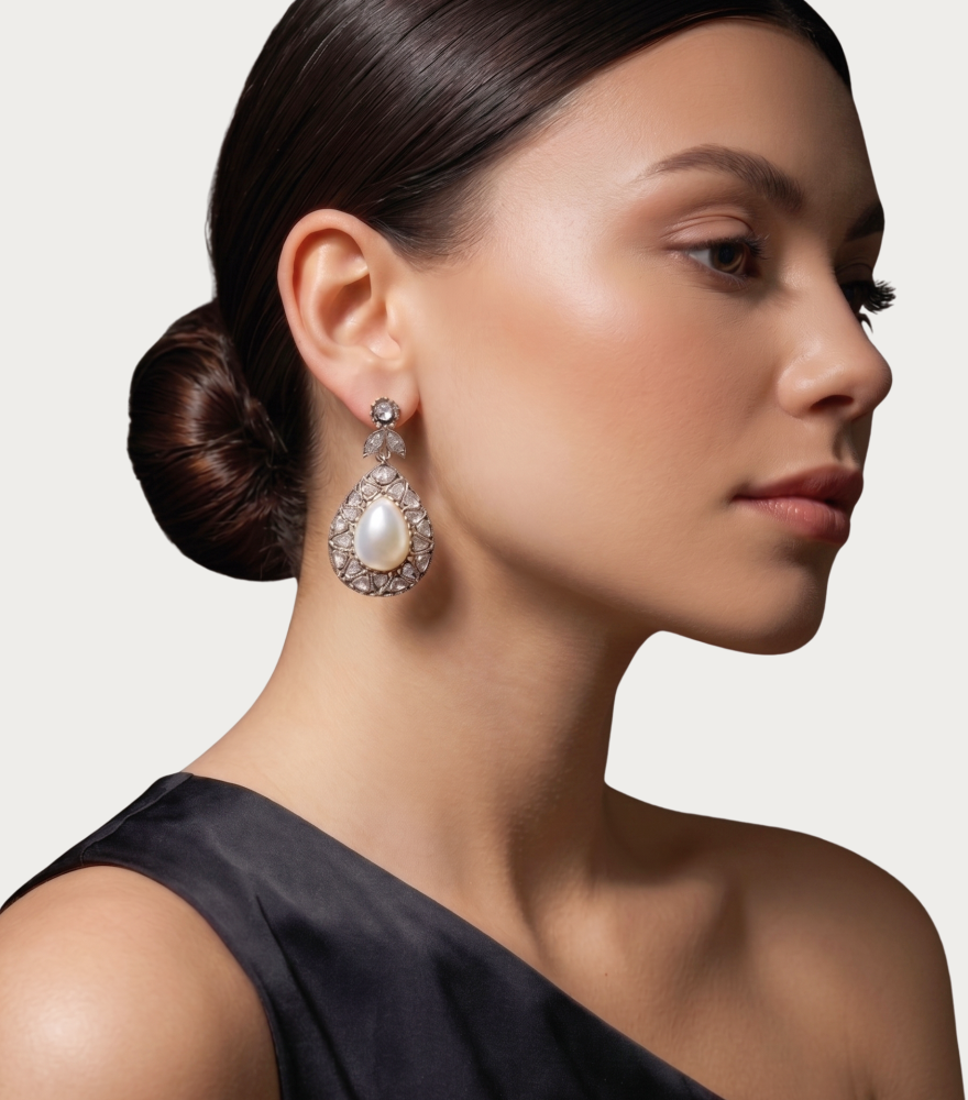 Model Wearing Tanisha Diamond Earrings in 18k Gold Plated Sterling Silver Jewelry for Pierced Ears 925 Metal Stone One Size 21.4gms