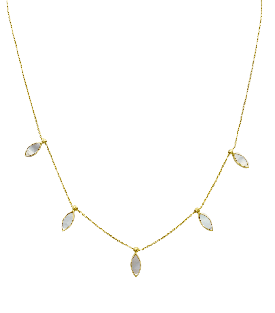 Front View of Hala Mother of Pearl Necklace in 18k Gold Adjustable Length Yellow with Hallmark Stamp Metal Stone One Size 2gms