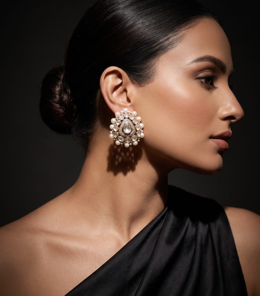 Alternate View of Model Wearing Kalpana Stud Uncut Diamond Earrings in 18k Gold Jewelry for Pierced Ears Yellow with Hallmark Stamp Metal 4 cm 24.7gms