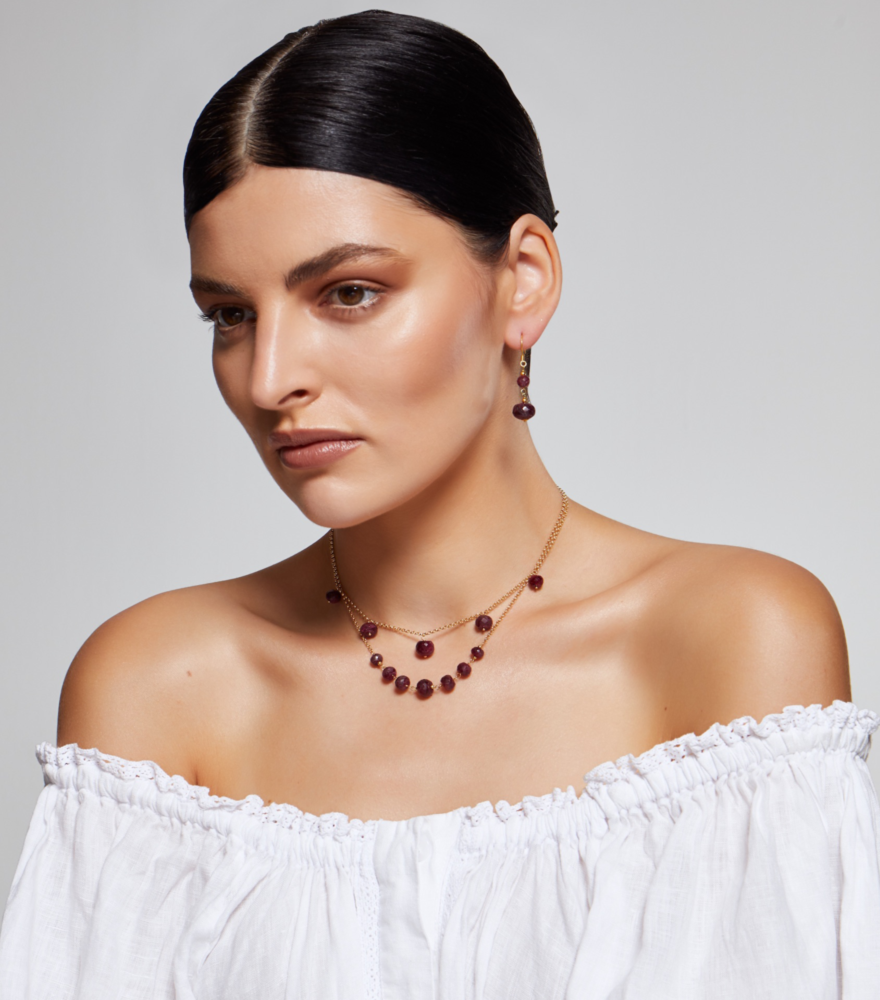 Model Wearing Gold & Ruby Necklace Comfort Fit 18k Yellow with Hallmark Stamp One Size 7.2gms