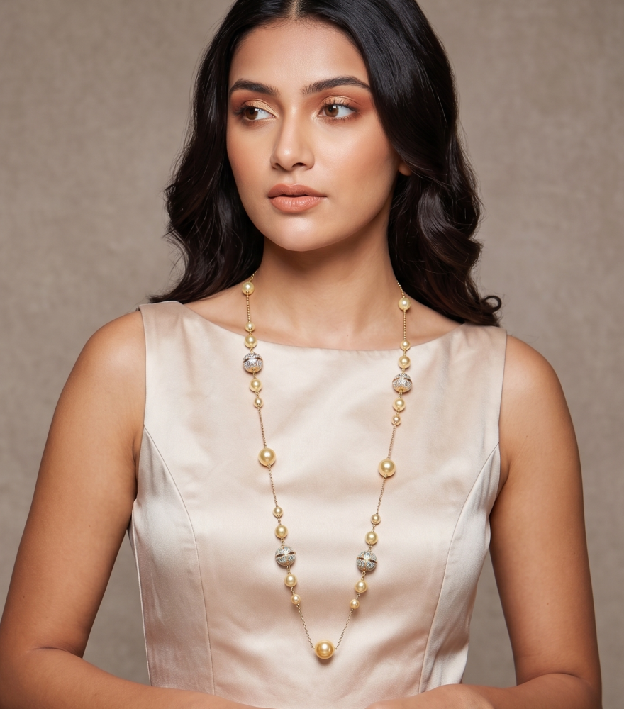 Alternate View of Model Wearing Ishani Pearl and Enamel Necklace in 18k Gold Fixed Length Yellow with Hallmark Stamp Metal Stone One Size 48.4gms