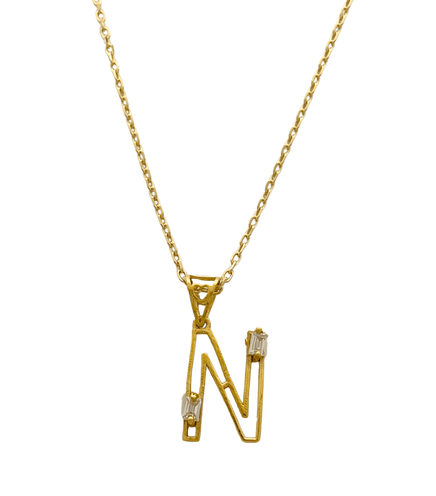 Front View of Letter 'N' Initials Pendant Necklace in 18k Gold Fixed Length Yellow with Hallmark Stamp Metal One Size 1.3gms