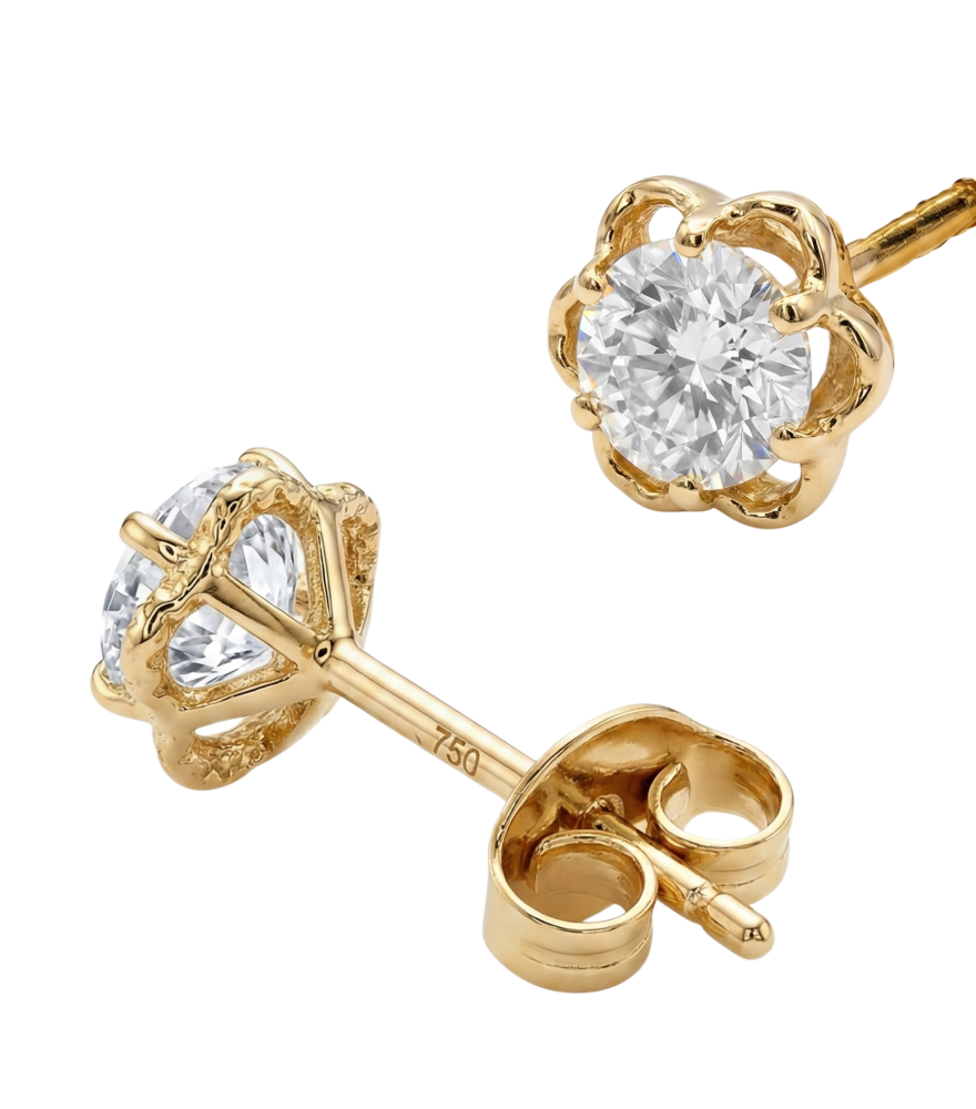 Closeup of Cosmos Stud Earrings in 18k Gold Jewelry for Pierced Ears Yellow with Hallmark Stamp One Size 0.8gms