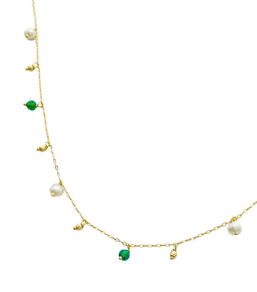 Closeup of Elisa Pearl and Green Onyx Necklace in 18K gold Adjustable Length 18k Yellow Gold with Hallmark Stamp Metal One Size 1.7gms