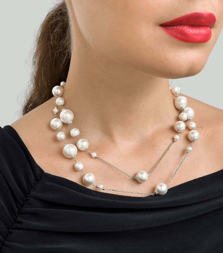 Model Wearing Mahika Pearl Necklace in 18k Gold Fixed Length 925 Sterling Silver Metal Stone One Size 58.9gms Yellow