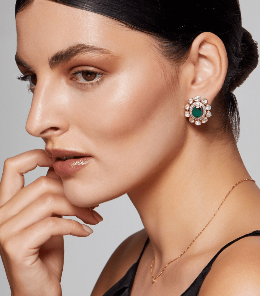 Alternate View of Model Wearing Jhalak Uncut Diamond Earrings in 18k Gold Jewelry for Pierced Ears Yellow with Hallmark Stamp Metal Stone One Size 14.5gms