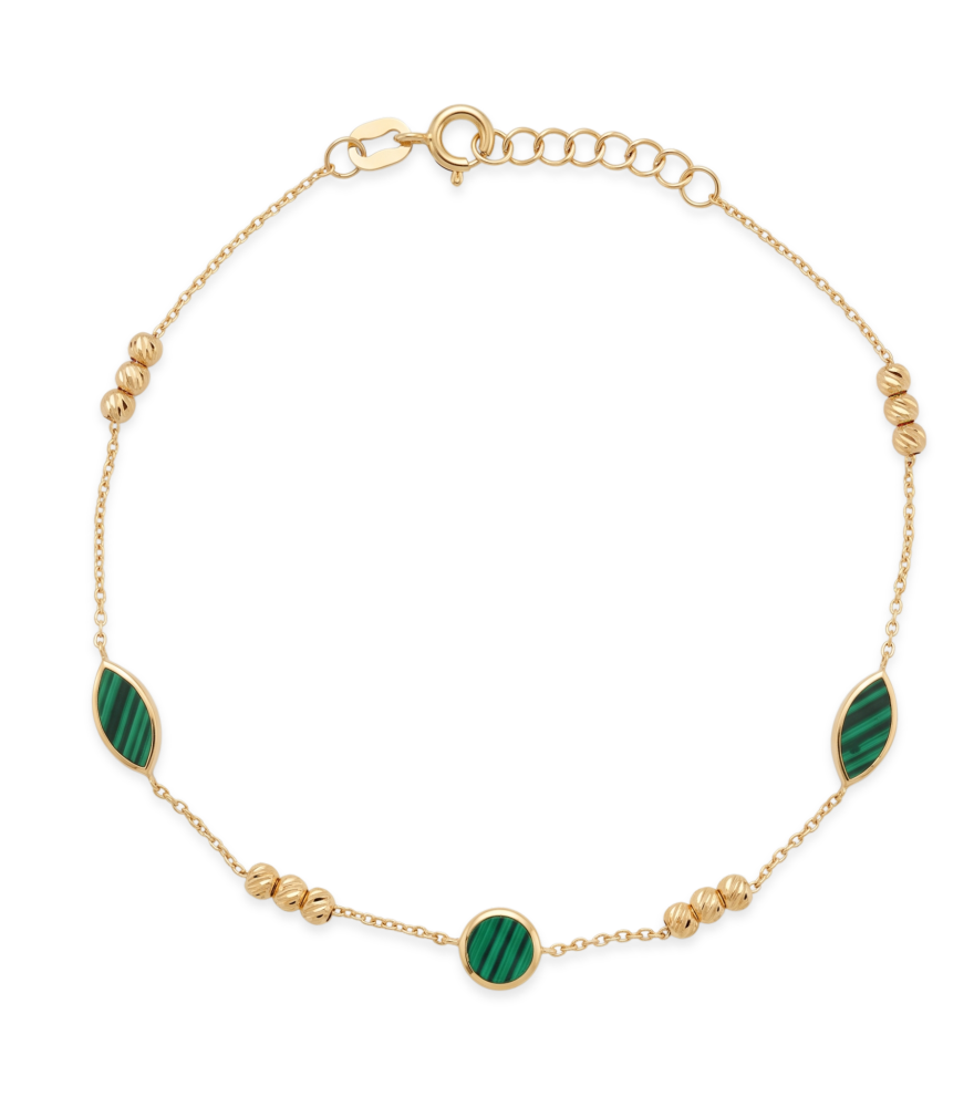 Front View of Hala Malachite Bracelet in 18K Gold Adjustable Length 18k Yellow with Hallmark Stamp 7 inches 1.3gms