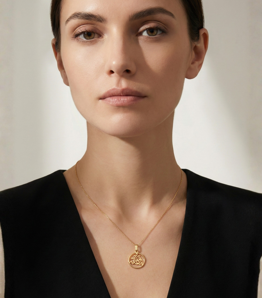 Model Wearing Mashallah pendant Necklace in 18k Gold Comfort Fit Yellow with Hallmark Stamp 16 inches 1gms