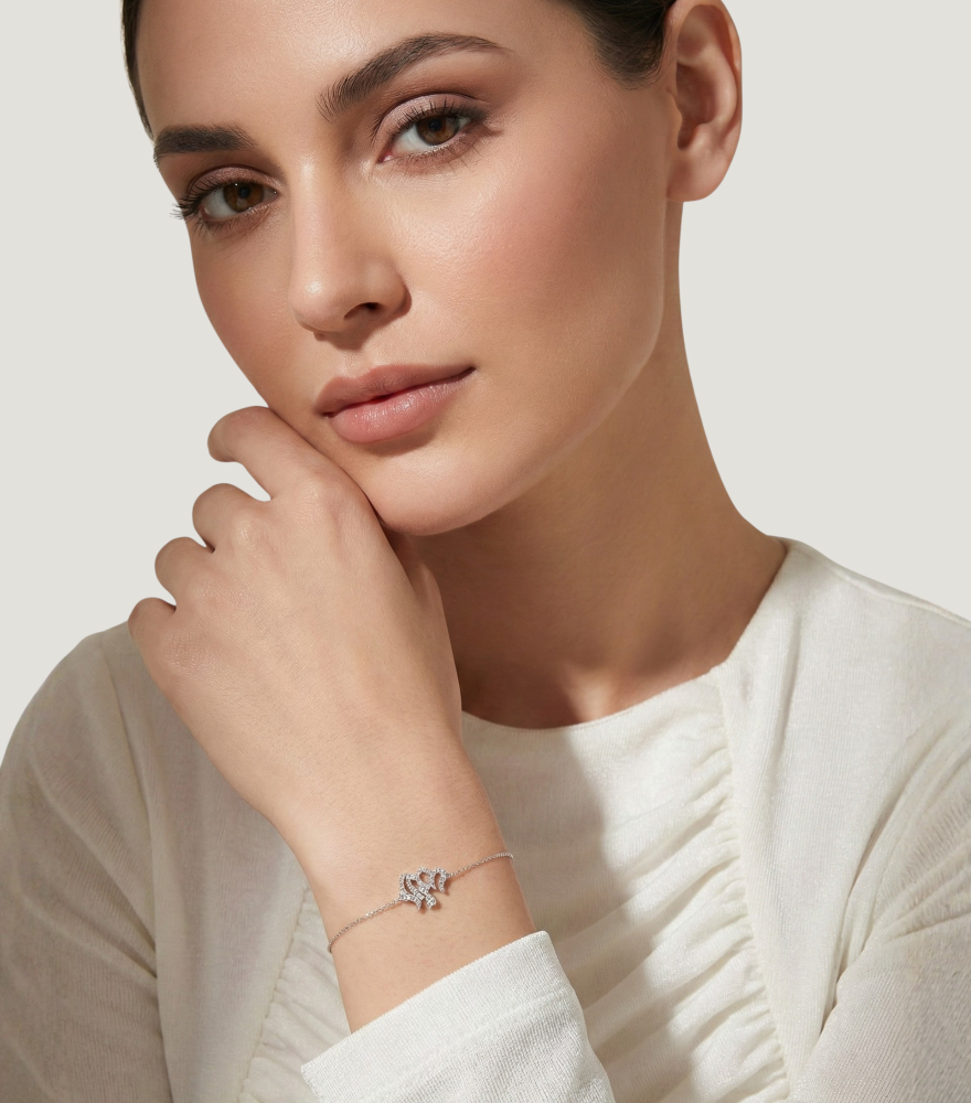 Model Wearing Allah Charm Bracelet in 18k White Gold Adjustable Length 7 inches 1gms 18K