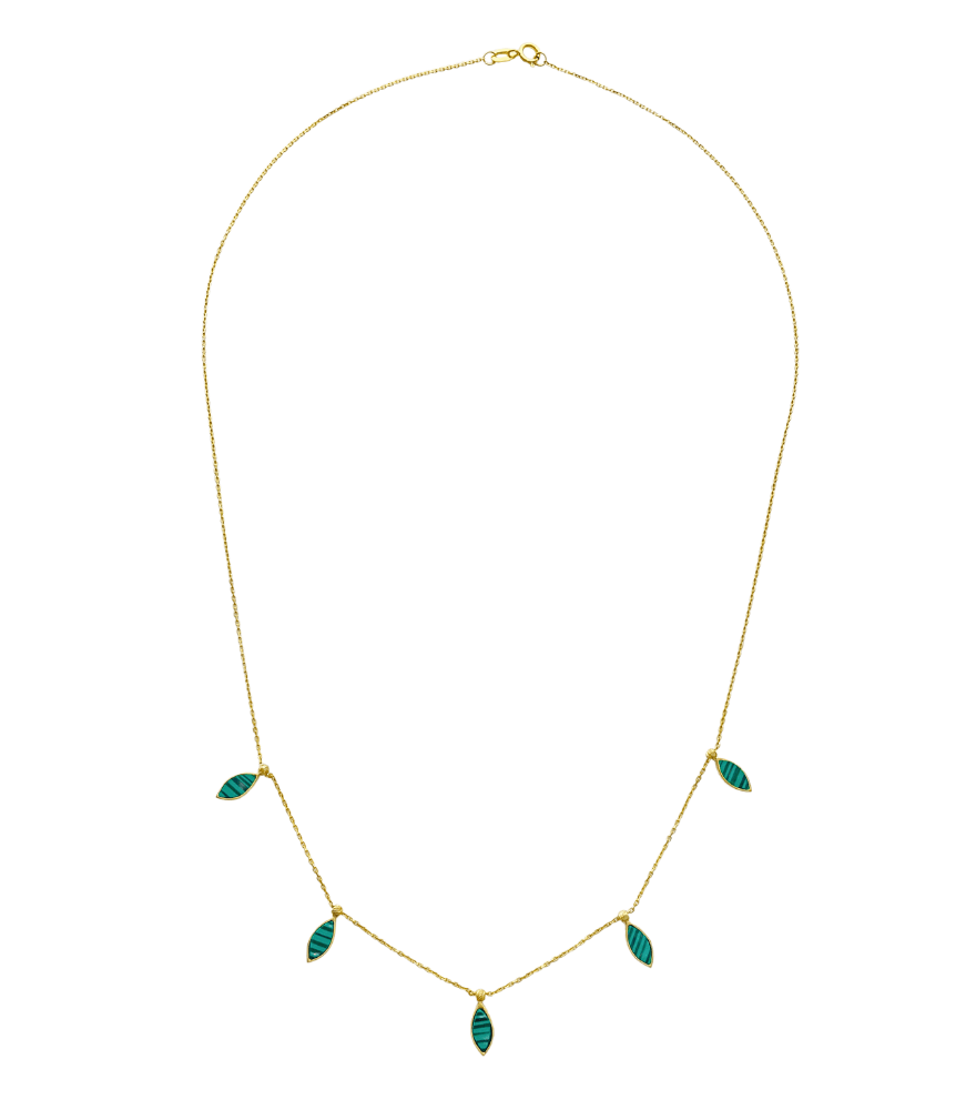 Rear View of Hala Malachite Necklace in 18k Gold Adjustable Length Yellow with Hallmark Stamp Metal One Size 1.8gms