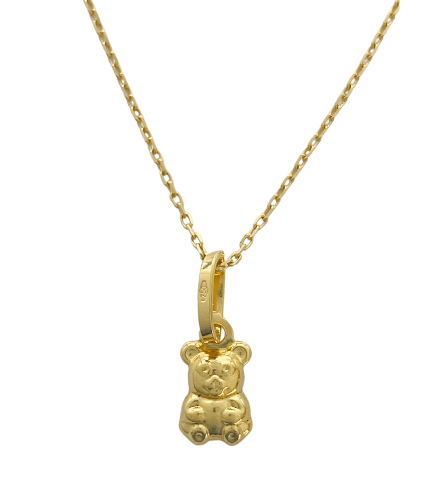Front View of Golden Teddy Charm Pendant Necklace in 18k Gold Fixed Length Yellow with Hallmark Stamp Metal One Size 1.5gms