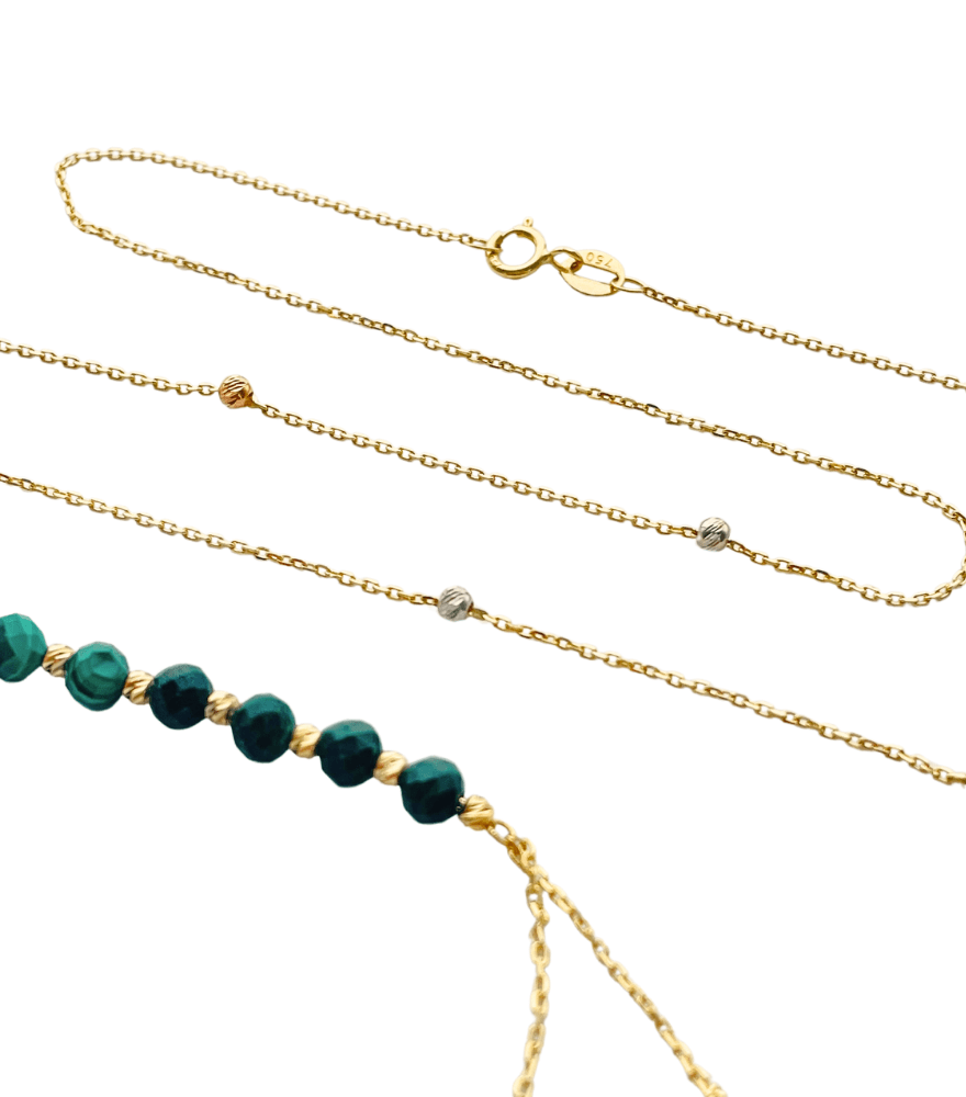 Closeup of Lilian Lariat Necklace in 18K with Beaded Accents Fixed Length 18k Yellow Gold Hallmark Stamp Metal One Size 2.6gms