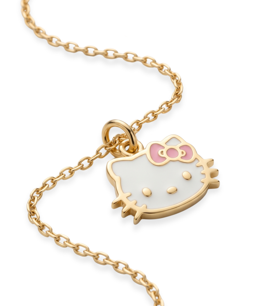 Closeup of Cleo Kitty Enamel Pendant Necklace in 18k Gold Fixed Length Yellow with Hallmark Stamp Metal One Size 1.5gms