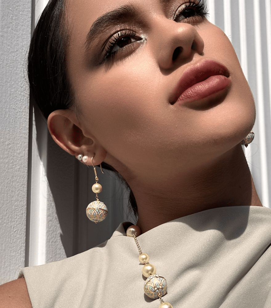 Model Wearing Duaa Earrings in 18k Gold Jewelry for Pierced Ears Yellow with Hallmark Stamp Metal One Size 7.2gms