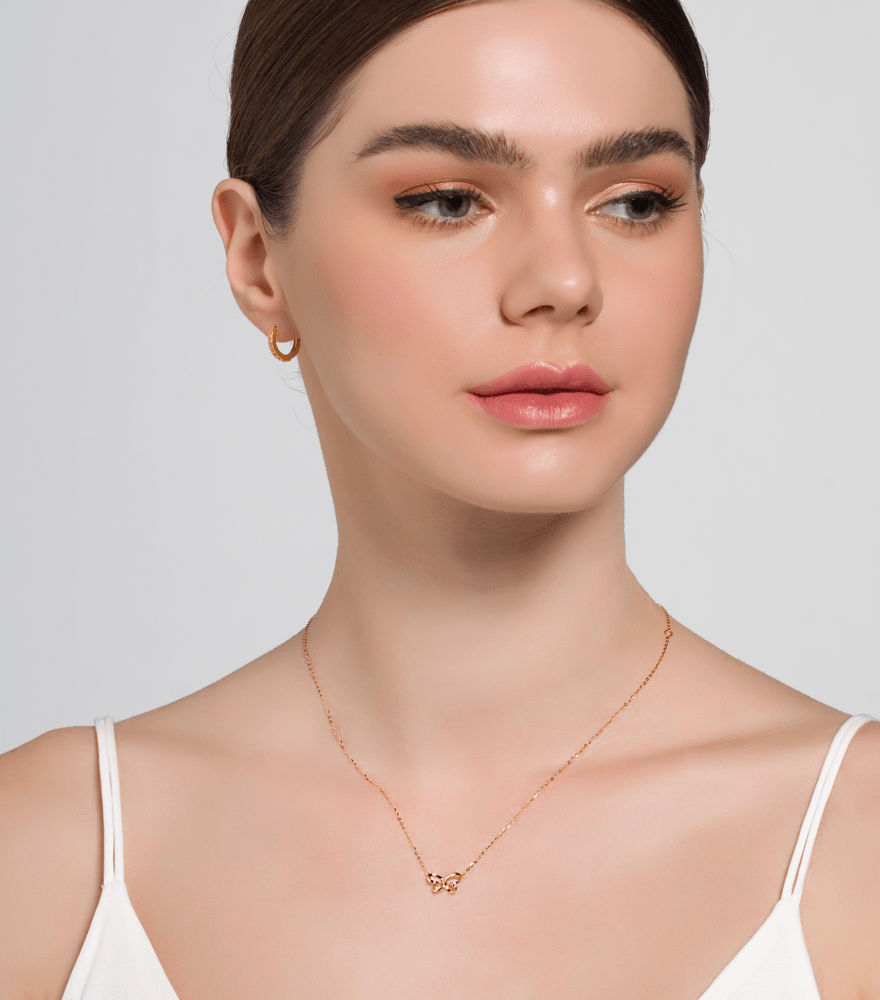 Model Wearing Faye diamond Necklace in 18k Gold Comfort Fit Yellow with Hallmark Stamp Metal One Size 1.4gms