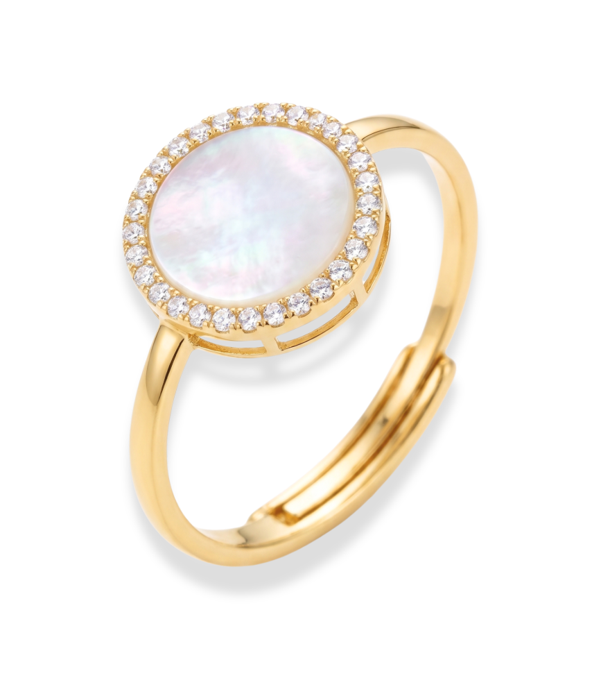 Closeup of Zira Mother of Pearl Open Ring in 18k Gold Comfort Fit Yellow with Hallmark Stamp One Size 1.4gms