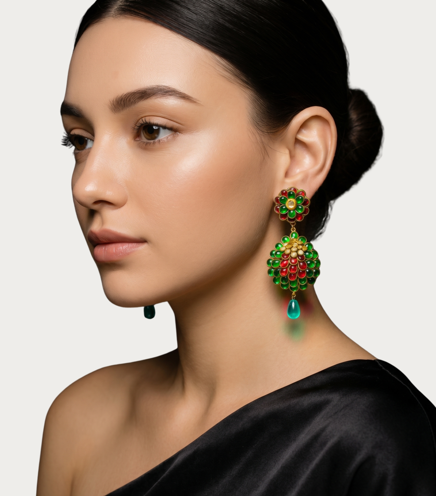 Model Wearing Simran Reversible Polki Earrings in Gold Jewelry for Pierced Ears 18k Yellow with Hallmark Stamp Metal Stone One Size 33gms