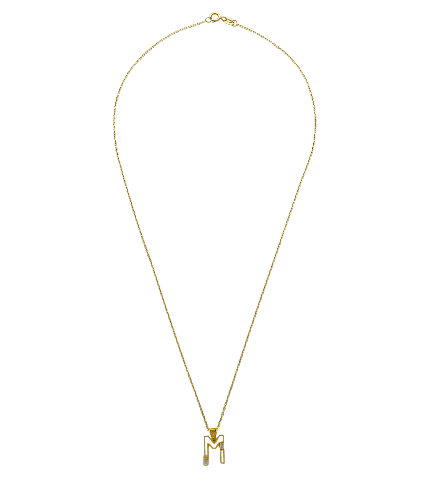 Rear View of Letter 'M' Initials Pendant Necklace in 18k Gold Fixed Length Yellow with Hallmark Stamp Metal One Size 1.3gms