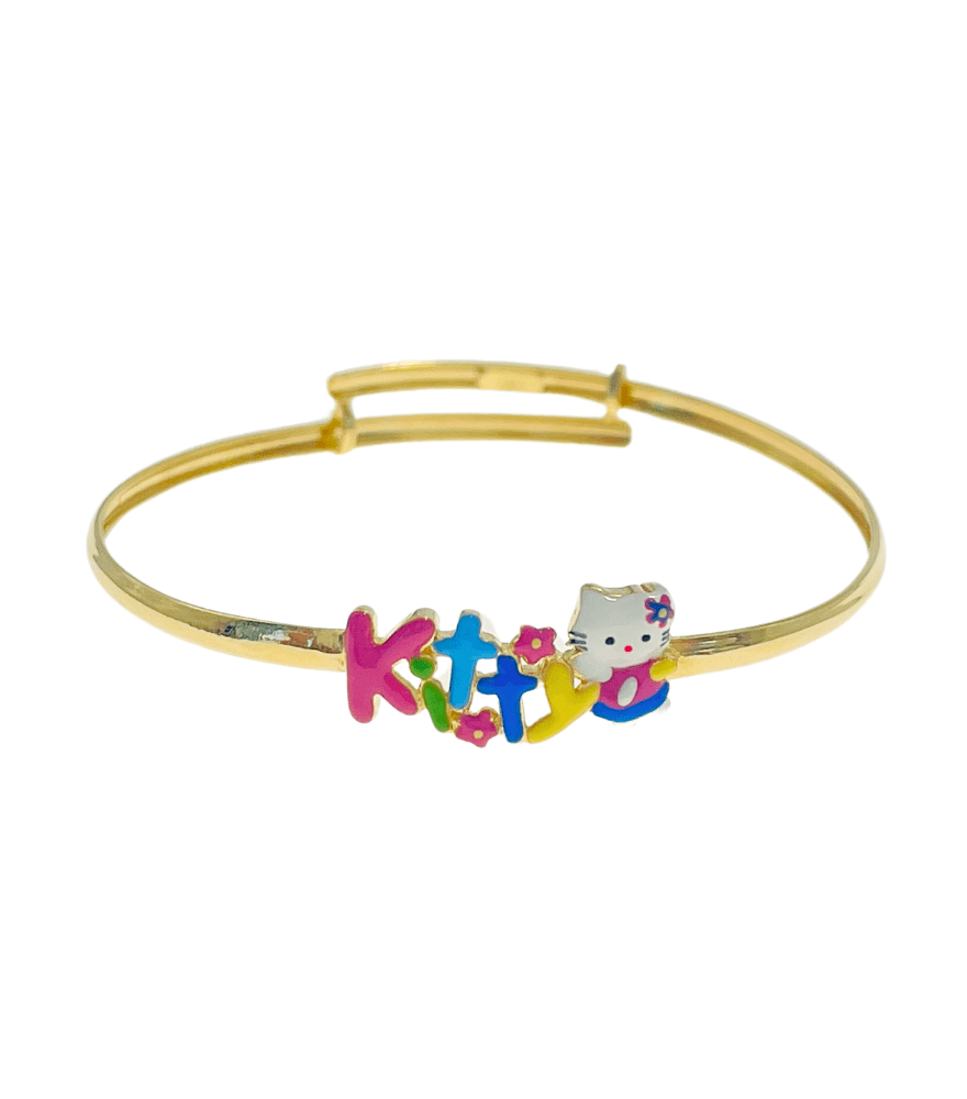 Front View of Cleo Kitty Bangle in 18k gold Open-Adjustable-Resizable Yellow Gold with Hallmark Stamp Metal One Size 2.7gms