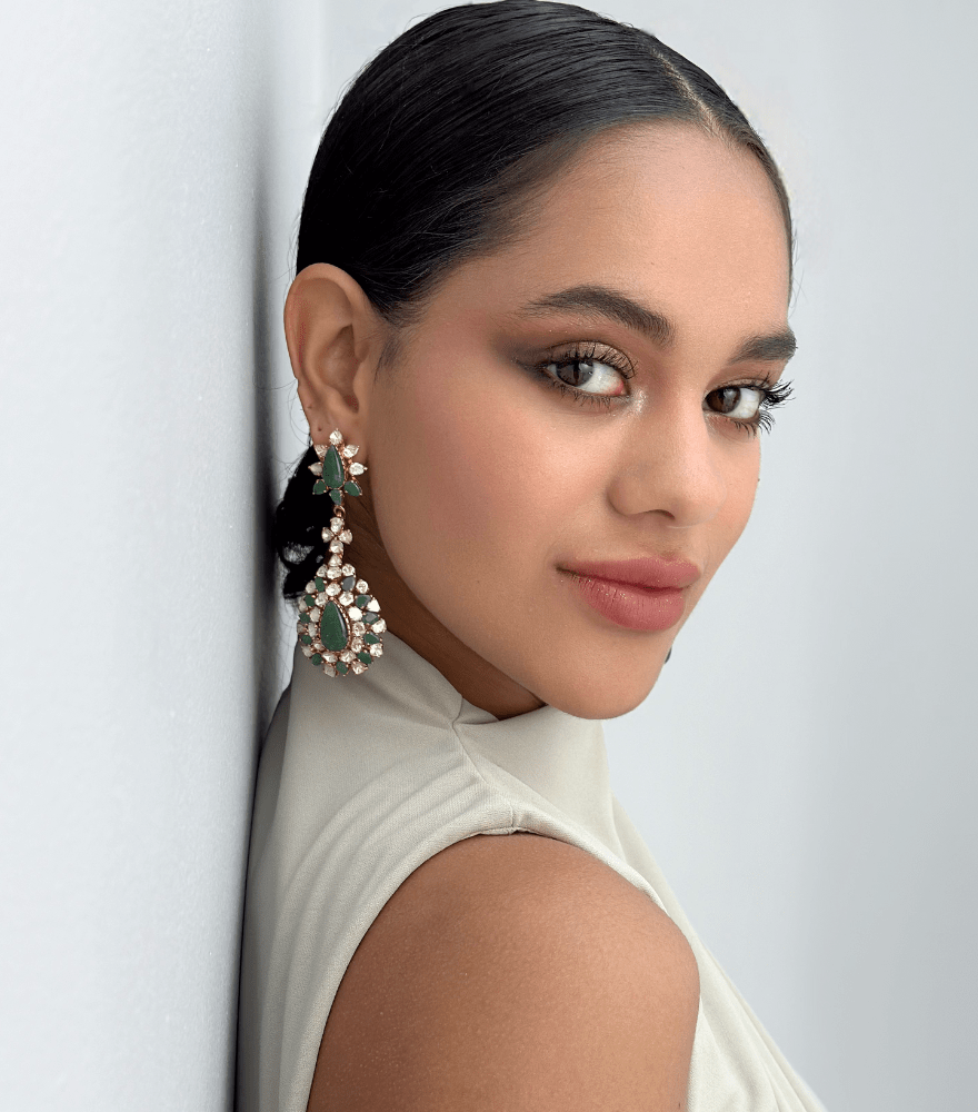 Alternate View of Model Wearing Anisa Earrings in 18k Yellow Gold Jewelry for Pierced Ears with Hallmark Stamp Metal Stone 8 cm 37.7gms