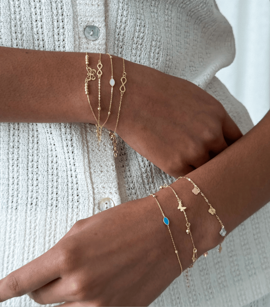 Alternate View of Model Wearing Layla Turquoise Bracelet in 18K Gold Adjustable Length 18k Yellow with Hallmark Stamp Metal 7.5 inches 0.7gms
