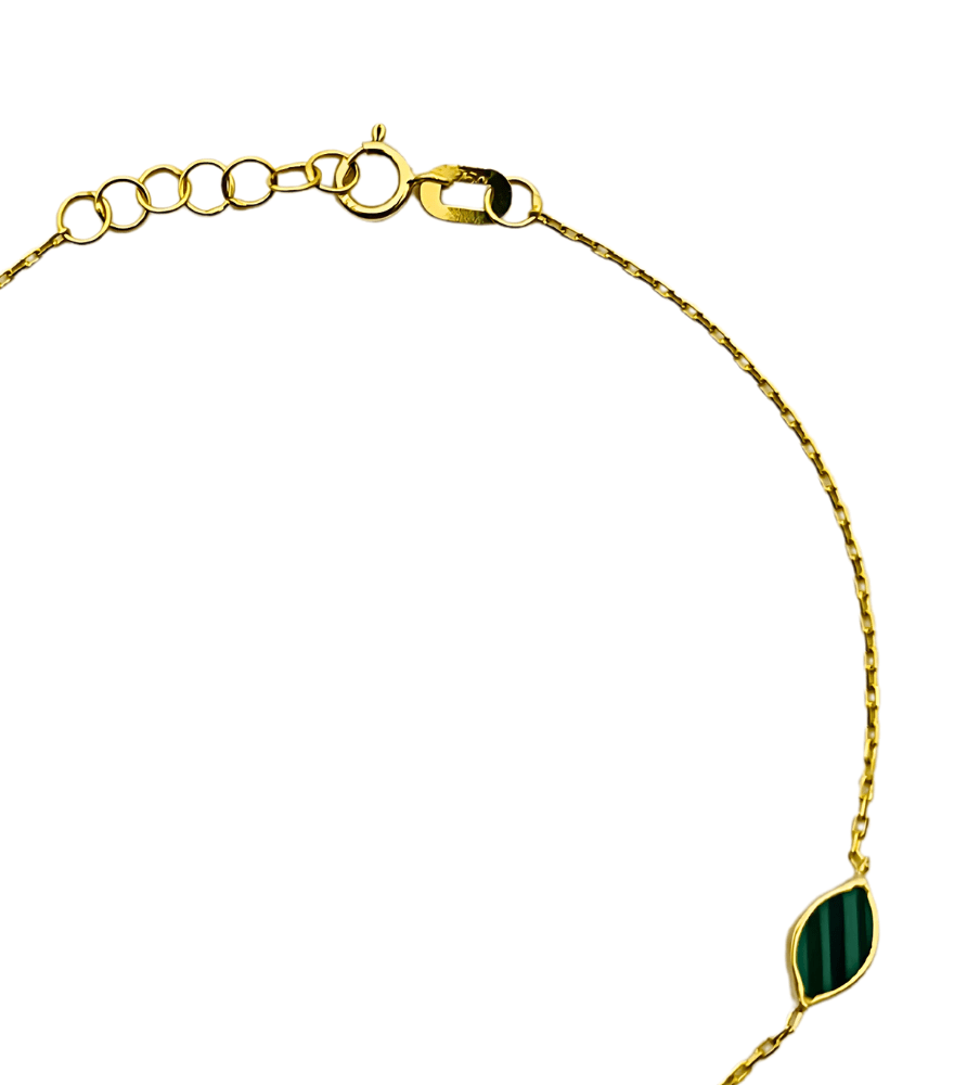 Rear View of Hala Malachite Bracelet in 18K Gold Adjustable Length 18k Yellow with Hallmark Stamp Metal 7 inches 1.3gms