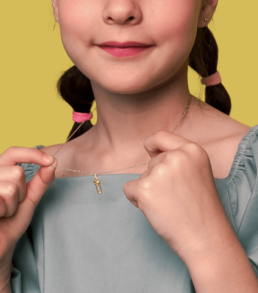 Alternate View of Model Wearing Golden Teddy Pin Charm Pendant Necklace in 18K Gold Fixed Length 18k Yellow with Hallmark Stamp Metal One Size 1.6gms