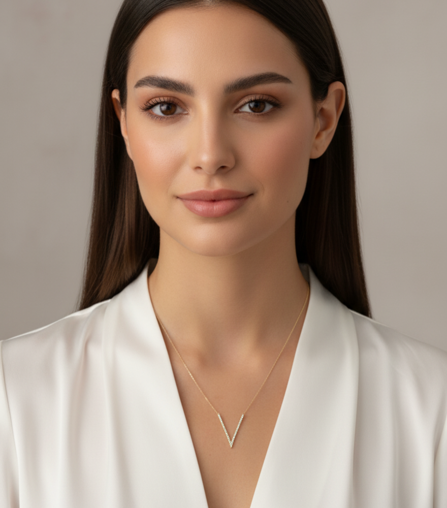 Model Wearing Valeria V Necklace in 18k Gold Comfort Fit Yellow with Hallmark Stamp 16 inches 1.3gms