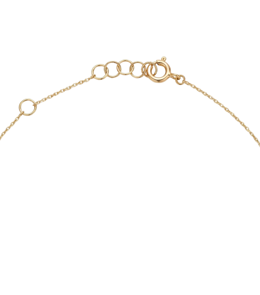 Rear View of Reem Protection Evil Eye Anklet in 18k Gold Adjustable Length Yellow with Hallmark Stamp