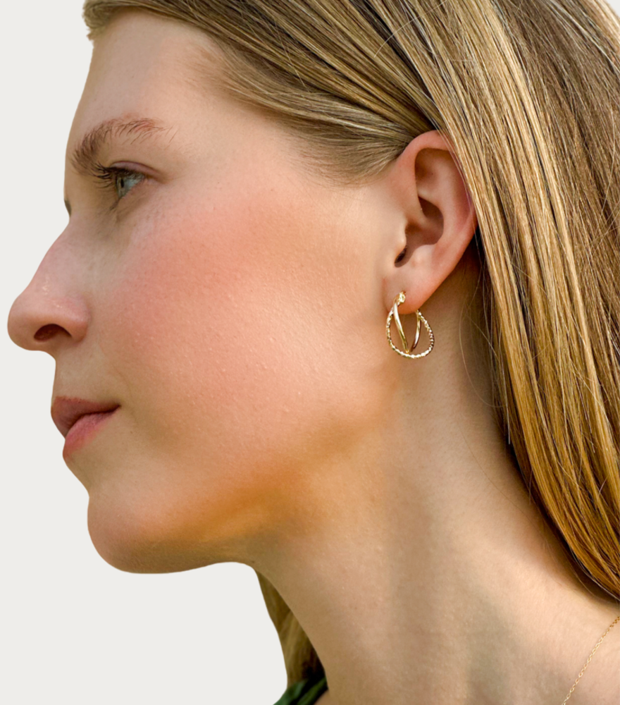 Model Wearing Serafina Hoop Earrings in 18k Gold Jewelry for Pierced Ears Yellow with Hallmark Stamp Metal One Size 1.7gms