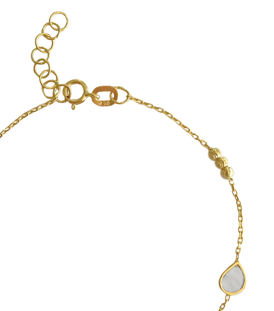 Rear View of Inaya Mother of Pearl and Onyx Bracelet in 18k Yellow Gold Adjustable Length with Hallmark Stamp 7 inches 1.4gms