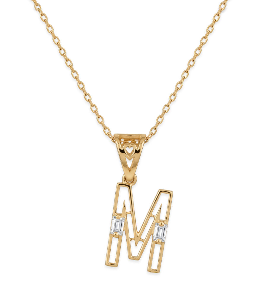 Front View of Letter 'M' Initials Pendant Necklace in 18k Gold Fixed Length Yellow with Hallmark Stamp Metal One Size 1.3gms