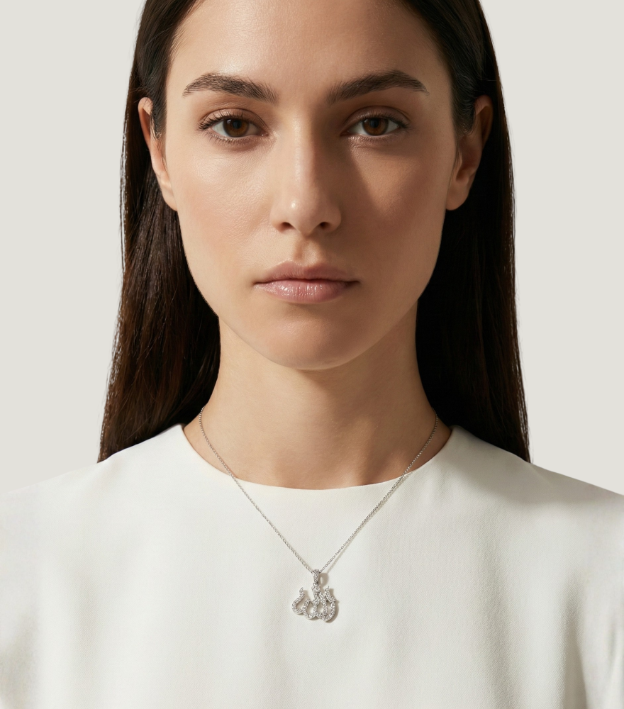 Model Wearing Allah Pendant Necklace in 18k White Gold Comfort Fit 16 inches 1.5gms