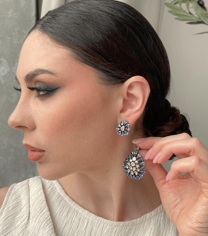 Alternate View of Model Wearing Veerali Dangle Earrings Jewelry for Pierced Ears 925 Sterling Silver Metal One Size 30gms