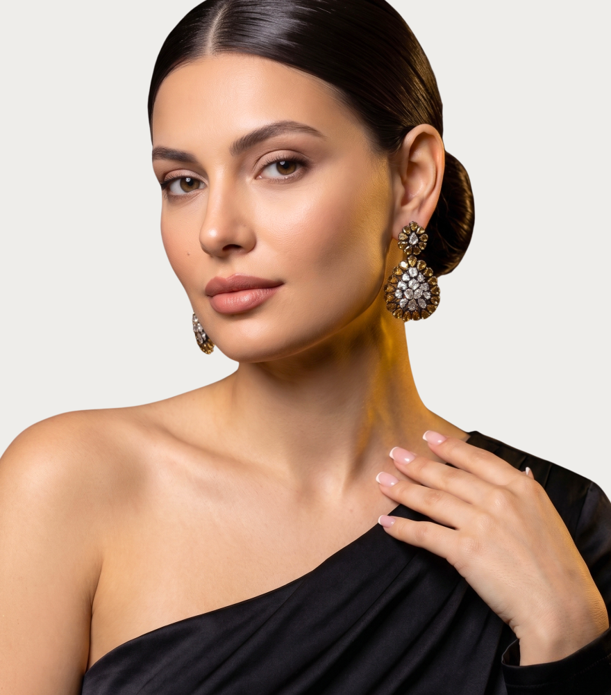 Alternate View of Model Wearing Anaya Silver Earrings with Uncut Diamonds and Citrine Jewelry for Pierced Ears 925 Sterling One Size 25.79gms