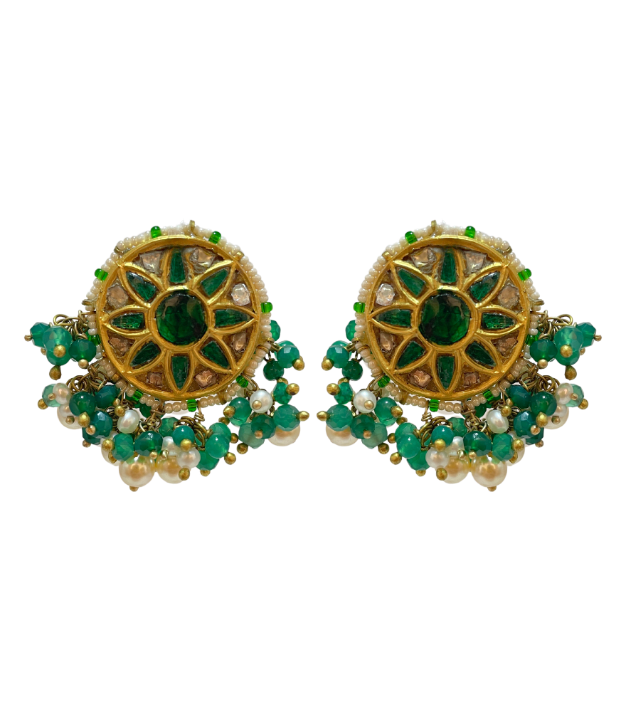 Front View of Shreya Uncut Polki Earrings in Gold Jewelry for Pierced Ears 18k Yellow with Hallmark Stamp Metal Stone One Size 26.2gms