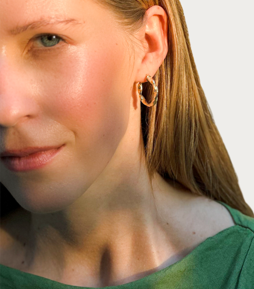 Model Wearing Chiara Hoop Earrings in 18k Yellow Gold Comfort Fit with Hallmark Stamp Metal 1.8gms