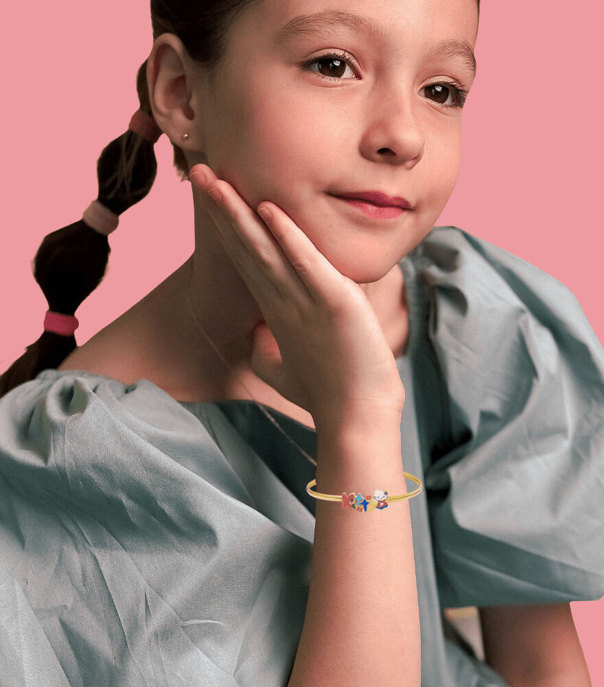 Alternate View of Model Wearing Cleo Kitty Bangle in 18k gold Open-Adjustable-Resizable Yellow Gold with Hallmark Stamp Metal One Size 2.7gms