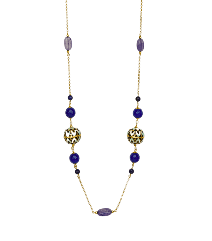 Front View of Lavanya Pearl Necklace in 18k Gold Fixed Length Yellow with Hallmark Stamp Metal Stone One Size 32.9gms