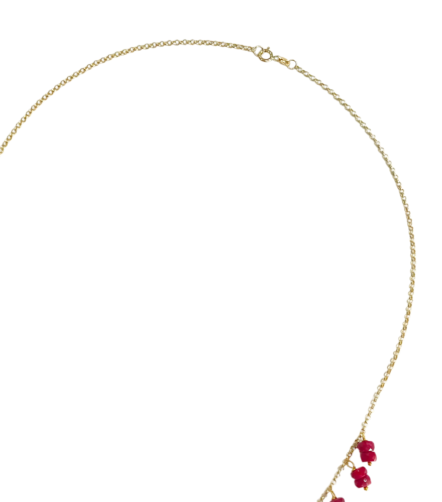 Rear View of Dana Ruby Frill Necklace Adjustable Length 18k Yellow Gold with Hallmark Stamp One Size 9.9gms
