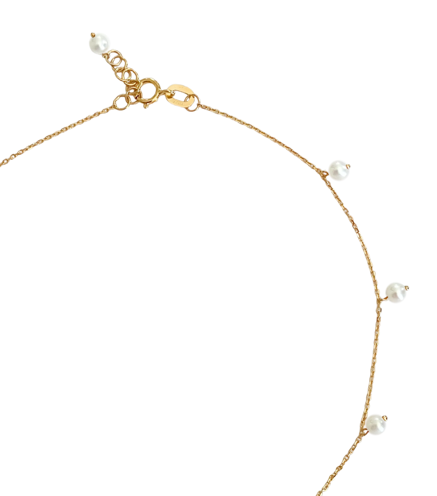 Rear View of Aurora Pearl Charm Anklet in 18k gold Adjustable Length Yellow Gold with Hallmark Stamp Metal Stone 9 inches 1.3gms