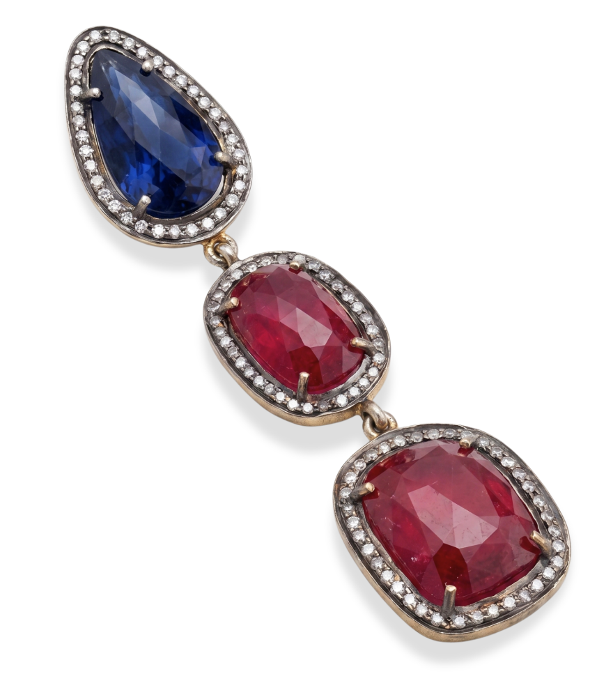 Closeup of Vamika Gold-Plated Silver Earrings with Diamonds Rubies & Sapphire Jewelry for Pierced Ears 18k Gold Plated 925 Sterling One Size 19.9gms